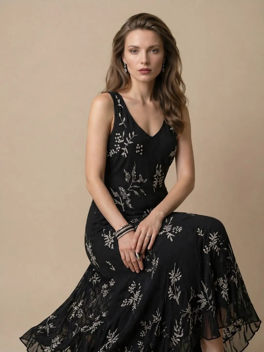 Seated model in the same black floral dress on a beige studio background
