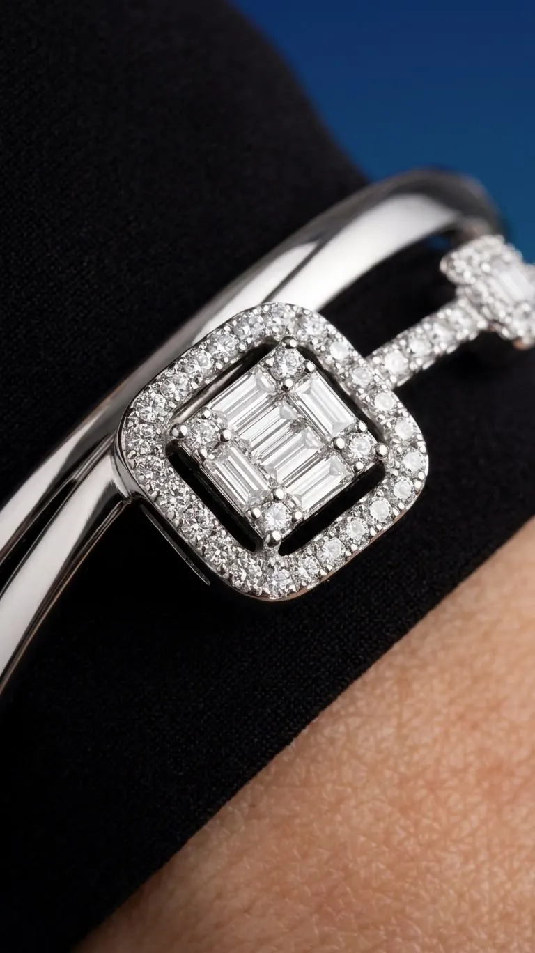 Macro close-up of a diamond bangle with a baguette-cut centre stone