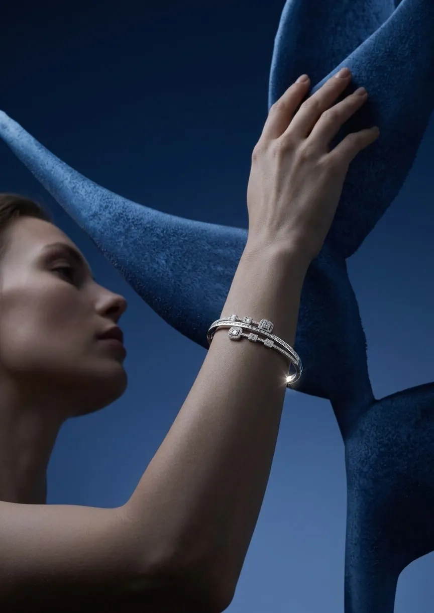 Editorial image of a model touching a blue velvet sculpture while wearing a diamond bangle