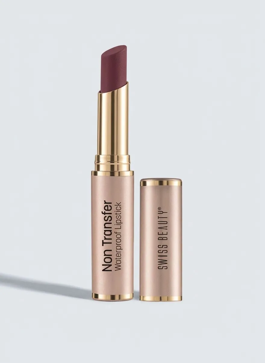 Lipstick and cap on a clean light grey background, e-commerce cosmetic product photo