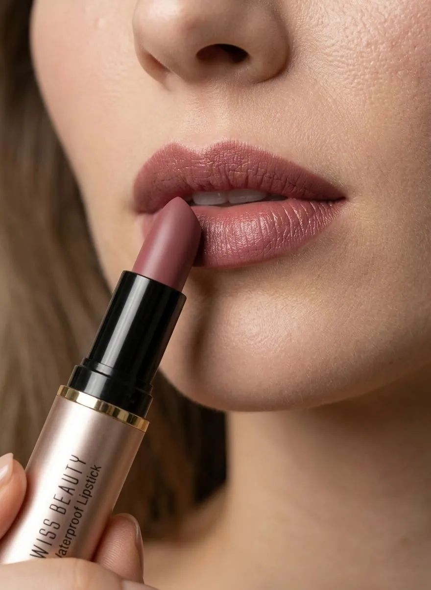 Close-up of a model applying a mauve lipstick, makeup product photography on model