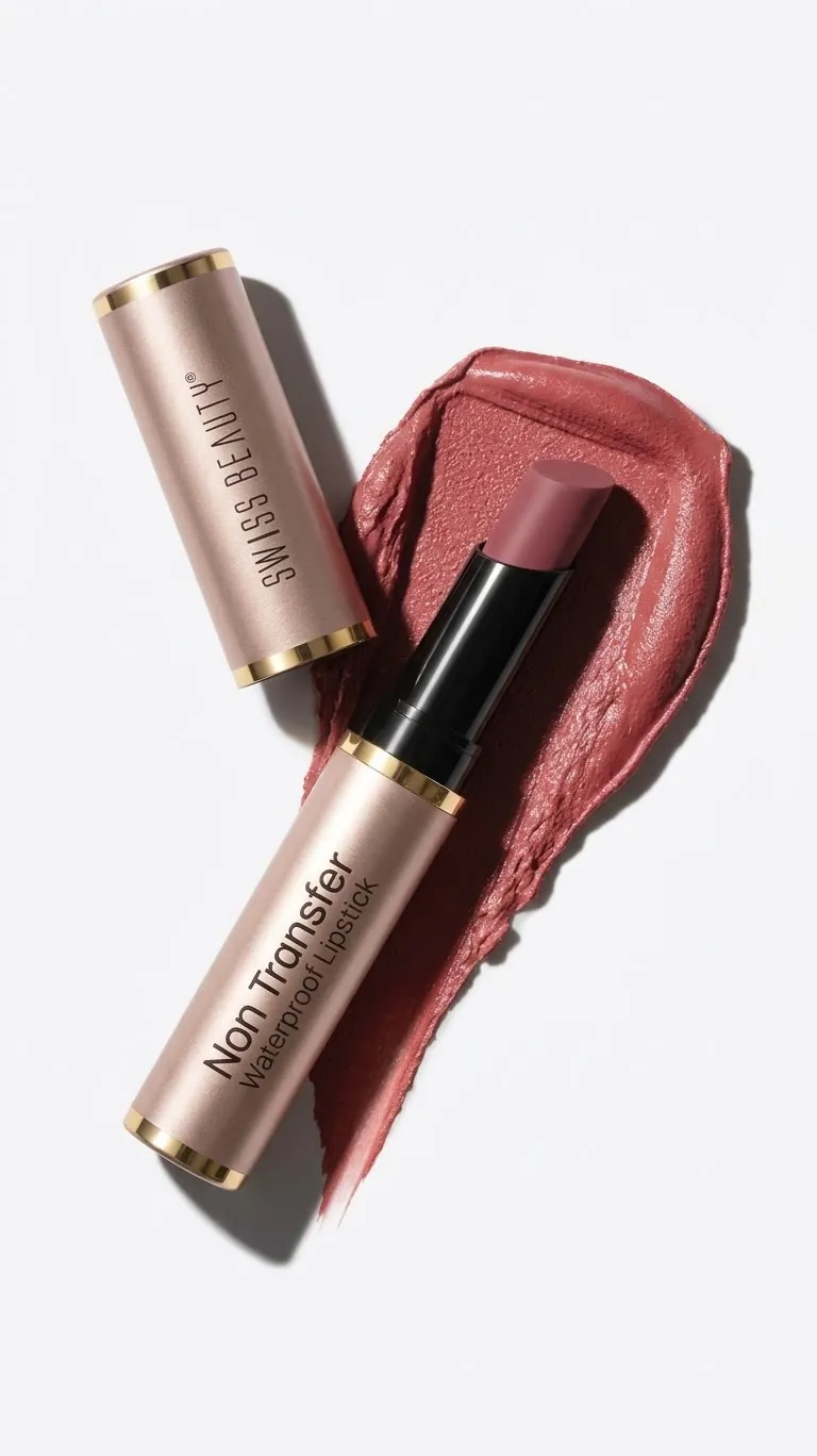 Lipstick bullet and cap with a creamy colour swatch on white, cosmetic swatch photography