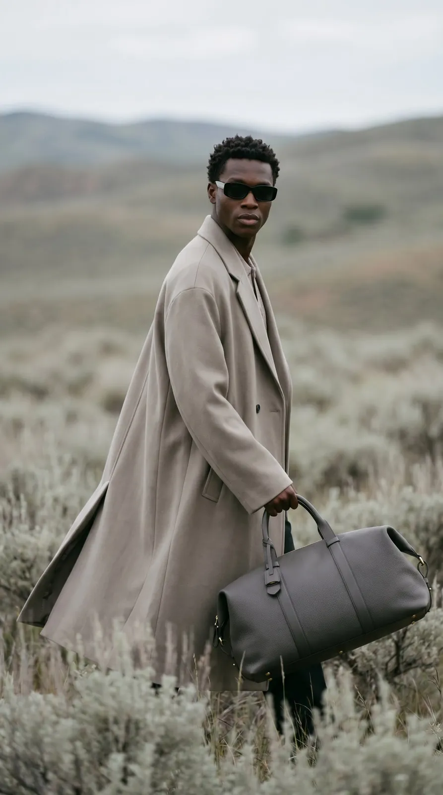 Male model in a long grey coat carrying a leather holdall in open grassland, menswear campaign photography