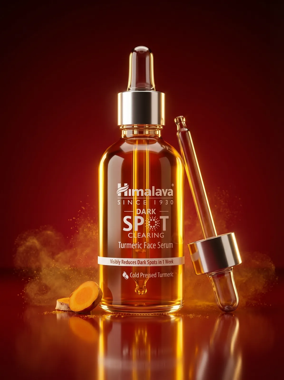 Turmeric face serum bottle with dropper on a warm red studio background, beauty product photography by R2G Studios
